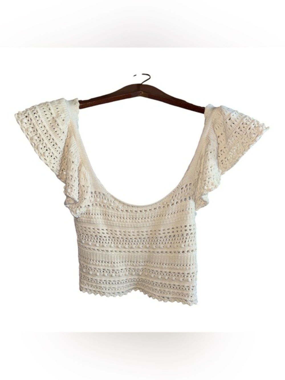 Sincerely Jules Cream Crochet Flutter-Sleeve Crop Top Womens Size XS Beach Shirt